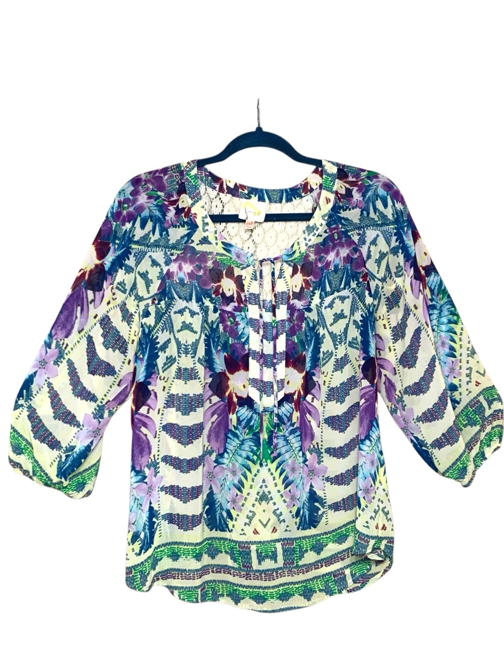 Fig & Flower Floral Blouse Sheer Boho Hippie Top Back Lace Blue Multicolor XLp